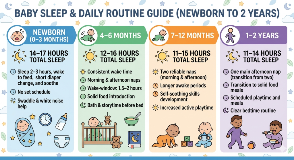 A colorful vector infographic showing age-specific sleep durations and daily routine milestones for babies from birth to 2 years.
