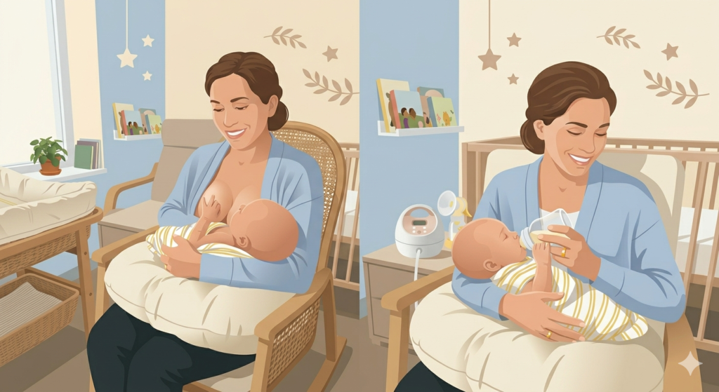 A side-by-side vector illustration of a mother in a nursery, showing breastfeeding on one side and bottle-feeding on the other.