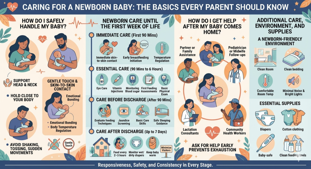 A comprehensive newborn care infographic covering handling safety, the first week of life stages, seeking support, and essential nursery supplies.