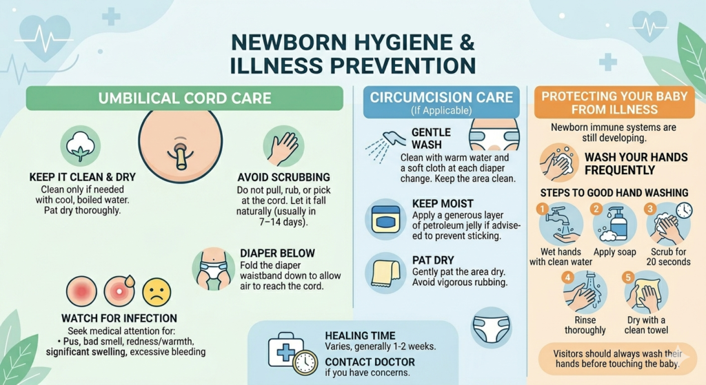 A medical infographic guiding parents on newborn umbilical cord care, circumcision care, and illness prevention with step-by-step instructions.