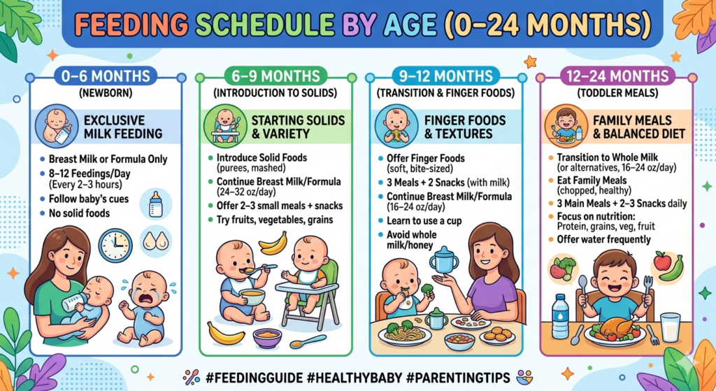 A detailed infographic outlining a comprehensive feeding schedule and nutritional milestones for infants and toddlers from 0 to 24 months.