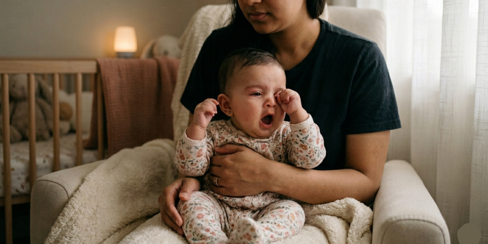 A tired infant sitting in a parent's lap, yawning and rubbing their eyes, displaying clear signs of sleepiness in a cozy nursery setting.