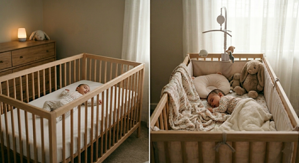 A side-by-side comparison of a safe and unsafe crib. On the left, a baby sleeps safely on their back in an empty crib with a firm mattress. On the right, an unsafe crib is filled with soft pillows, loose blankets, stuffed animals, and bumper pads, illustrating SIDS risks.